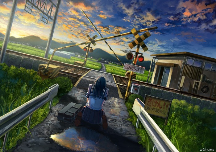 Anime girl in school uniform at a train crossing