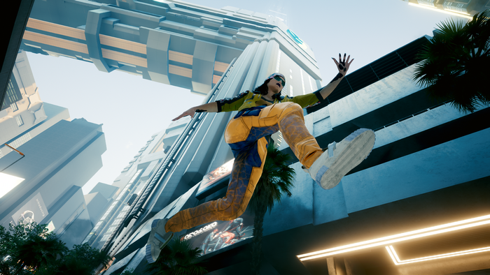 Woman jumping in Cyberpunk 2077 city