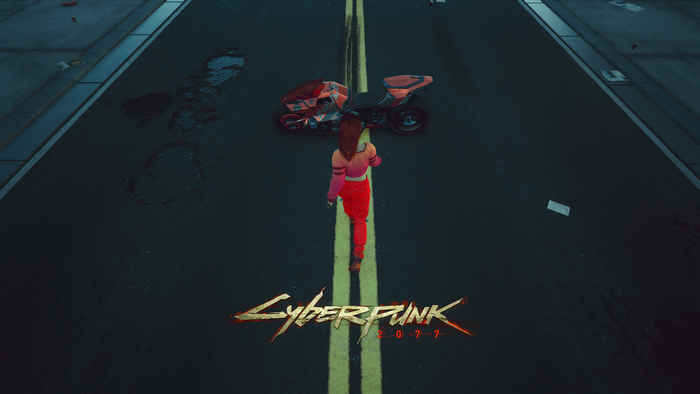 Woman and motorcycle in Cyberpunk 2077