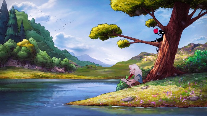 Bean and Luci from Disenchantment by a lake