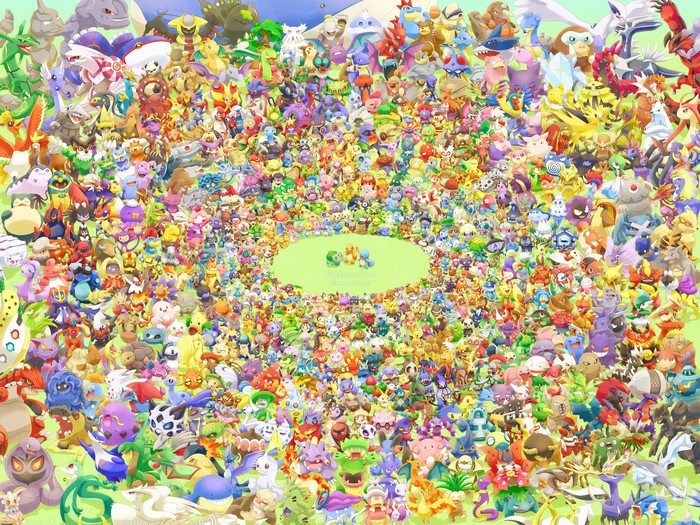 A large group of colorful Pokémon in a field