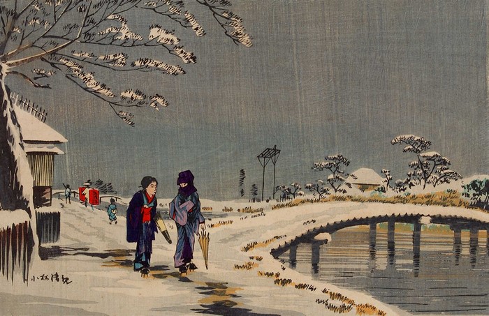 Two figures walk on a snowy path beside a river in winter