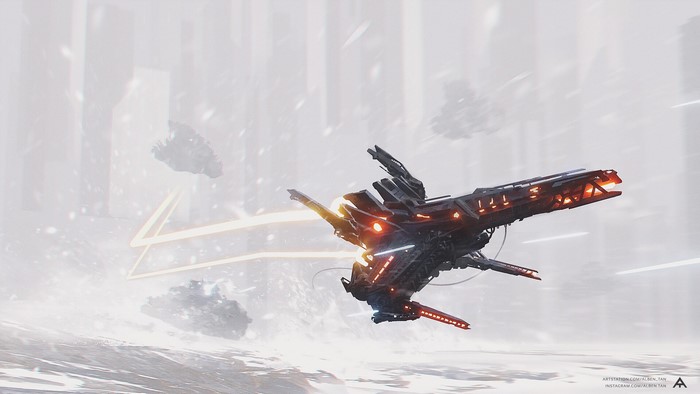 Science fiction artwork of a futuristic spaceship in a snowy landscape