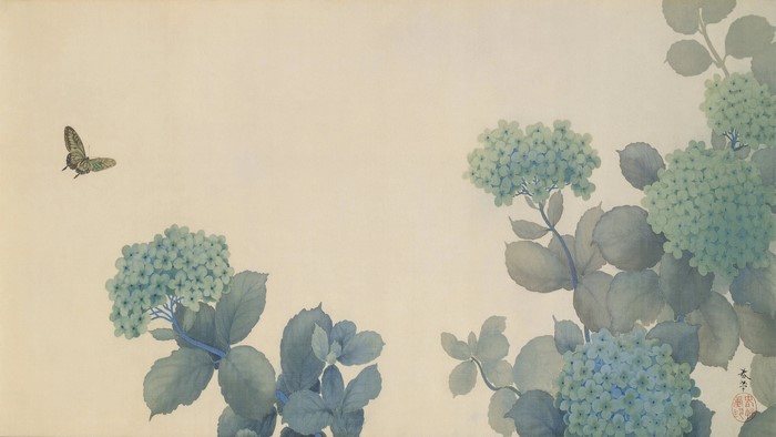 Butterfly and Hydrangeas by Hishida Shunso