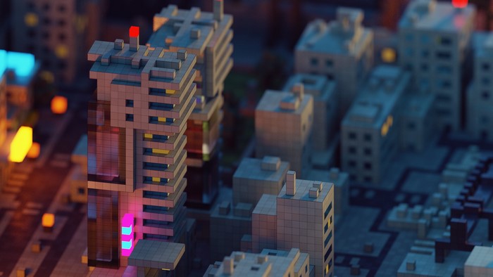 Voxel cityscape with neon lights