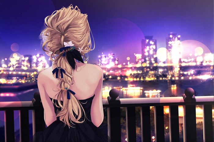Anime girl with blonde ponytail overlooking city lights at night