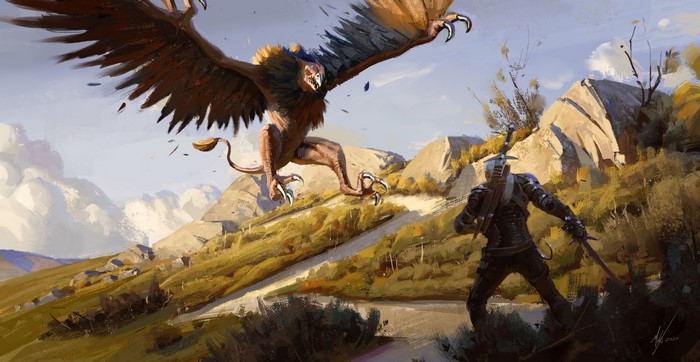 Geralt of Rivia fighting a griffin in The Witcher 3