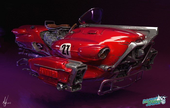 Futuristic red motorcycle with number 27