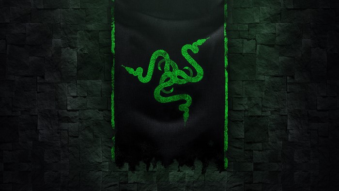 Razer logo on a black banner against a stone wall