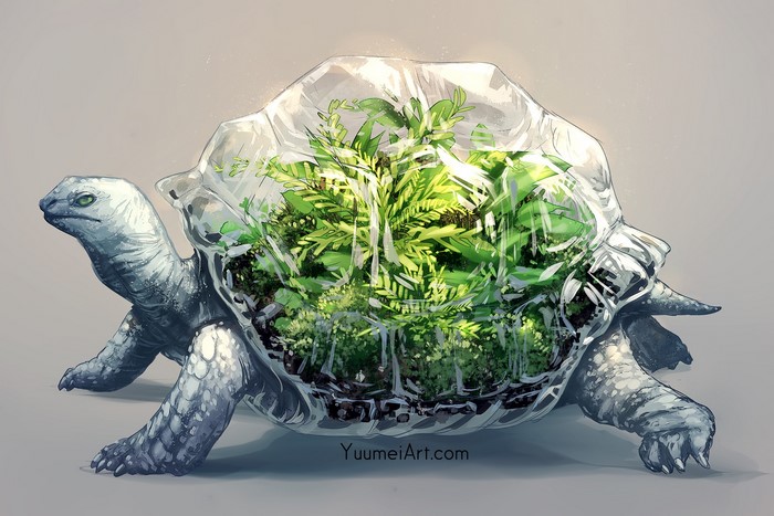 Digital art of a turtle with a terrarium shell