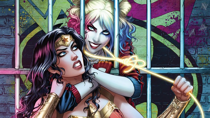 Harley Quinn holding Wonder Woman captive