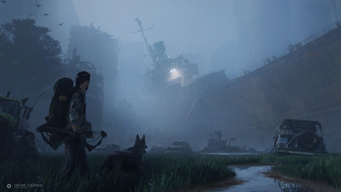 Man and dog in post-apocalyptic landscape with wrecked ships