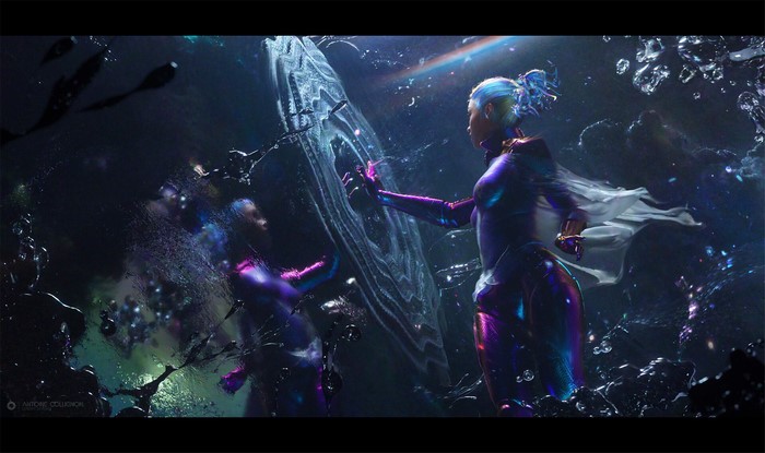 Science fiction women interacting with a cosmic structure