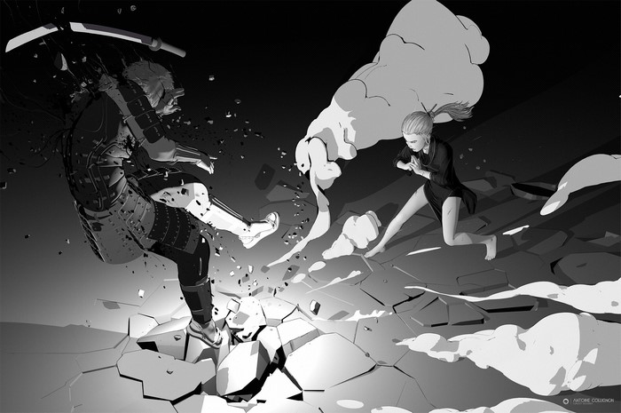 Monochrome artwork of a warrior and a girl fighting