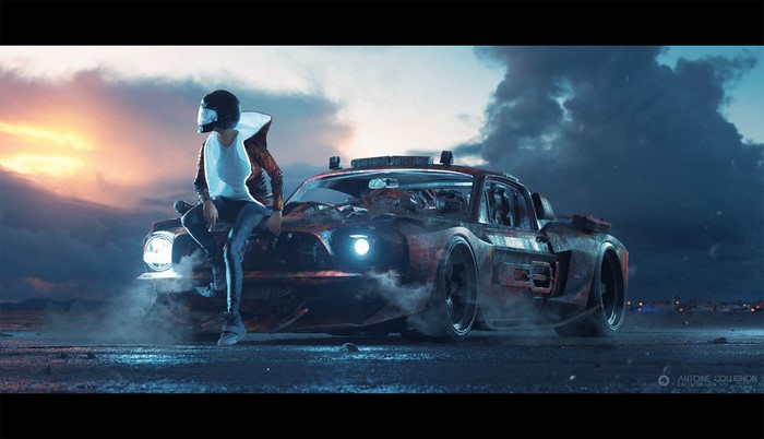 Woman in helmet sitting on a futuristic car