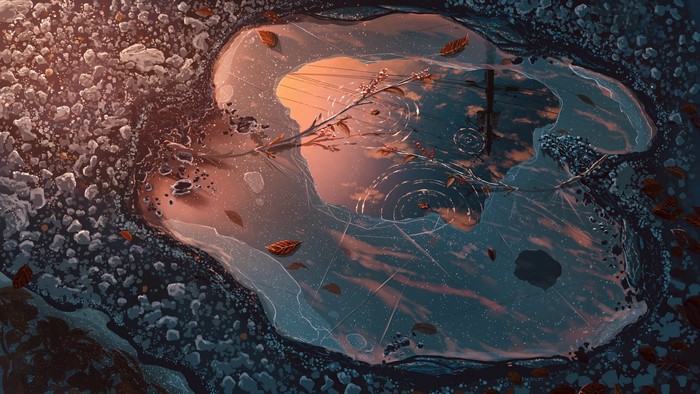 Anime puddle with ice and fallen leaves