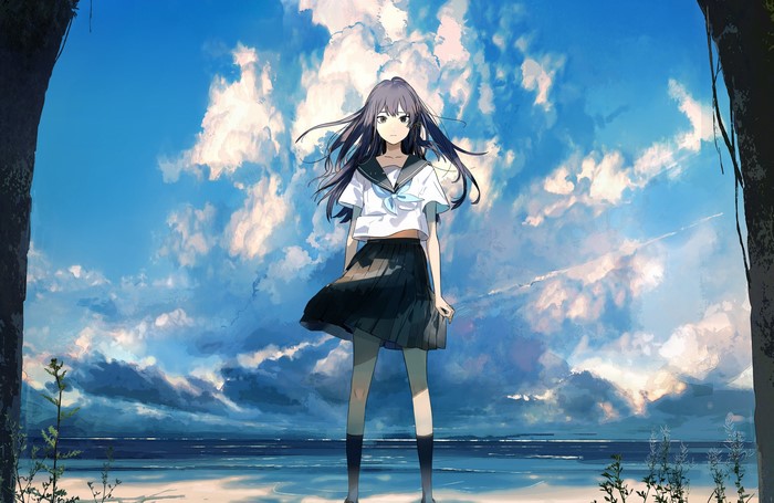 Anime girl in school uniform on a beach