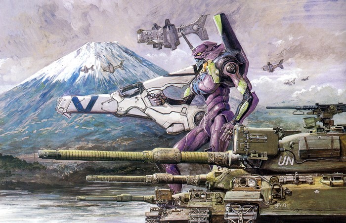 EVA Unit 01 with tanks and Mount Fuji