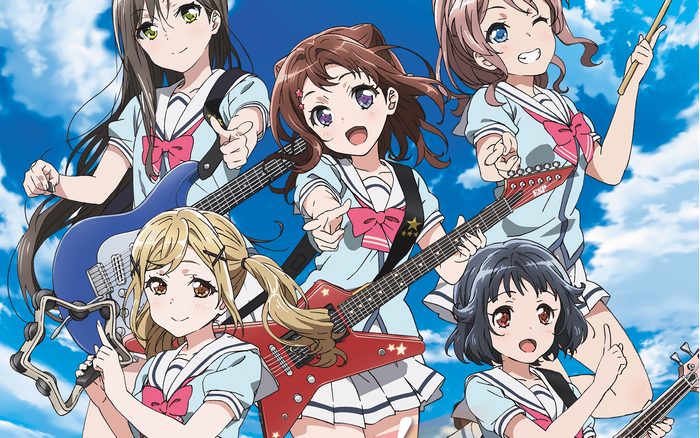 BanG Dream! characters with guitars and tambourine