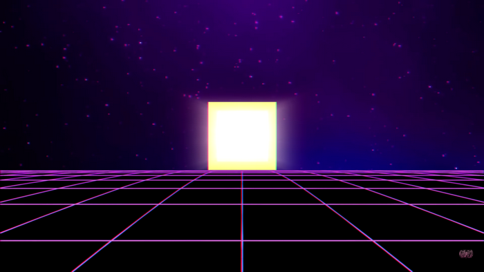 Retro grid with glowing portal in starry sky