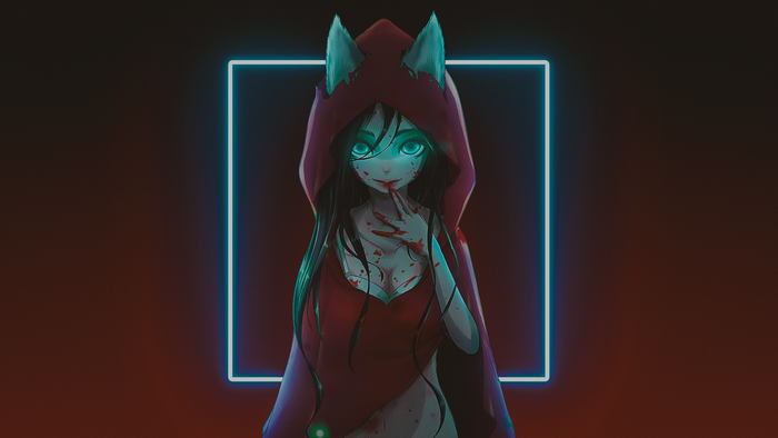 Anime girl with wolf ears and red hood covered in blood