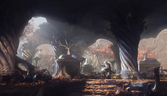Fantasy scene with an old man in a cave