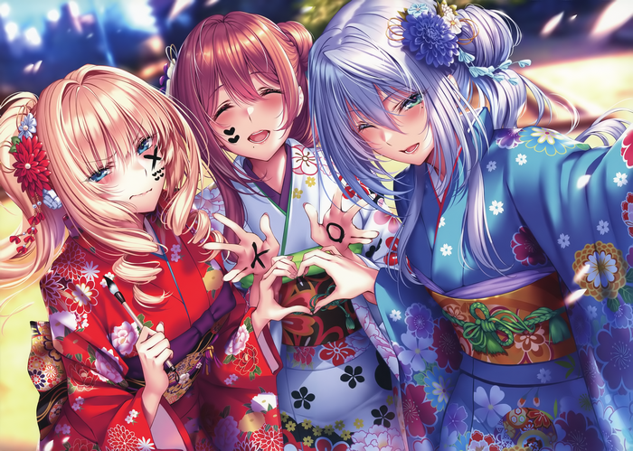 4K, selfies, kimono, Hanikami Kanojo, piromizu, group of women ...