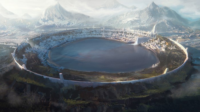Fantasy city in a crater with mountains