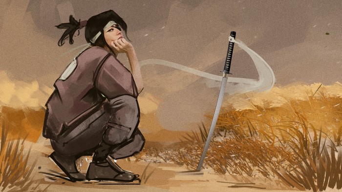 Woman in traditional Japanese clothing with a katana