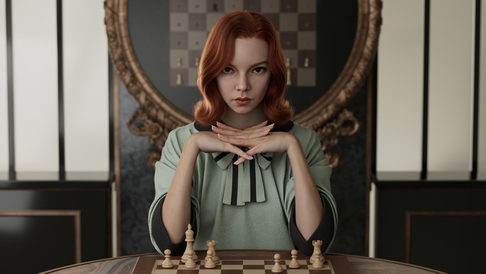 Beth Harmon from The Queen's Gambit playing chess