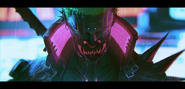 Cyberpunk character with mask and glowing accents