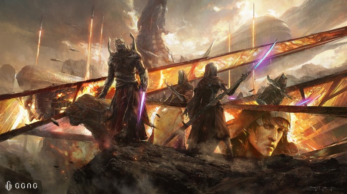 Sci-fi warriors with lightsabers on a burning bridge
