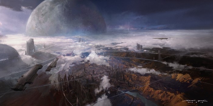 Futuristic city on a planet with a large moon