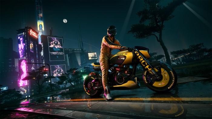 Cyberpunk 2077: Person on a yellow Arch motorcycle in a futuristic city