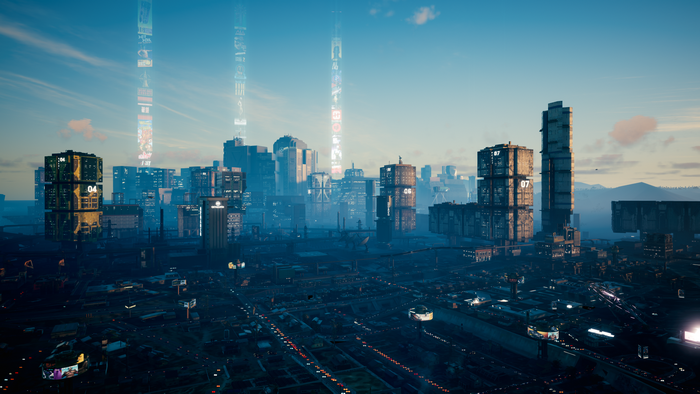 Cyberpunk 2077 cityscape with futuristic buildings and advertisements