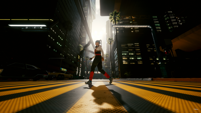 Woman crossing street in Cyberpunk 2077 city