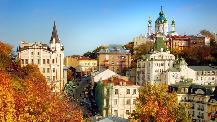 Cityscape of Kyiv, Ukraine with St. Andrew's Church in autumn