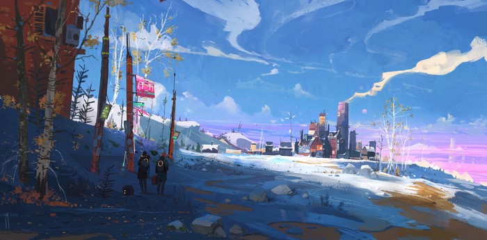 Futuristic winter landscape with a town and two figures
