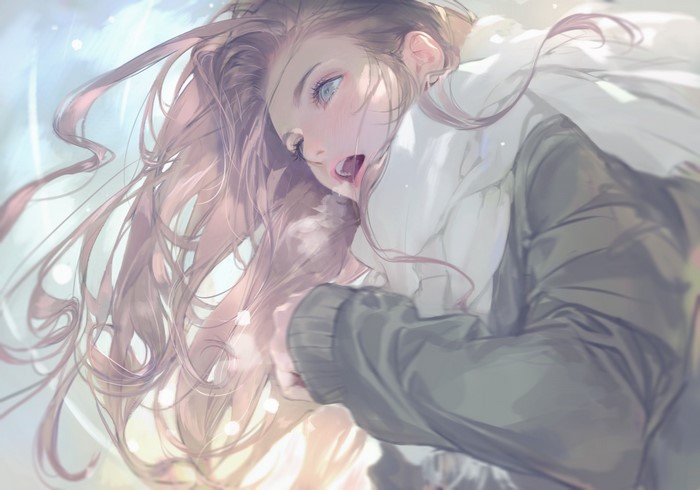 Woman with long pink hair in a jacket and scarf