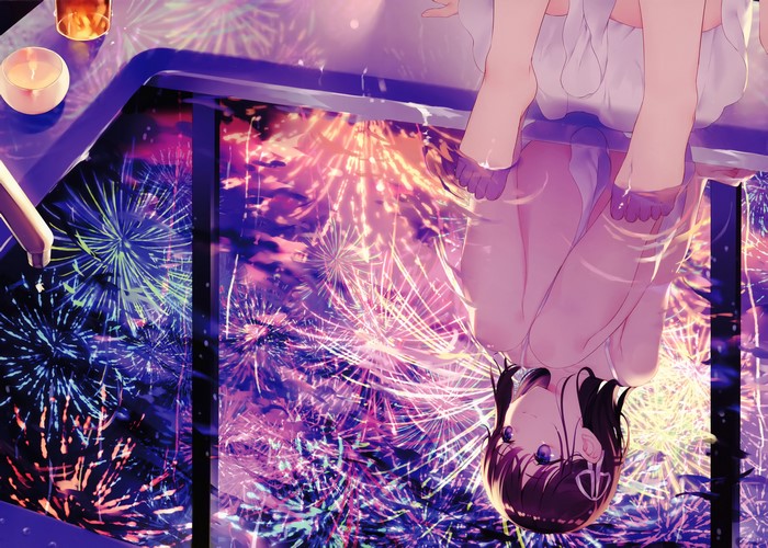 Anime girl reflected in water with fireworks