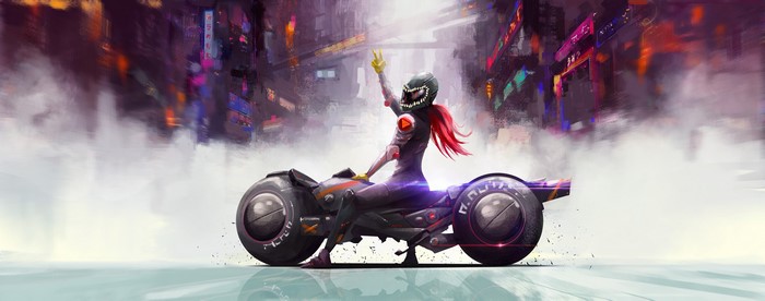 Woman on futuristic motorcycle in city