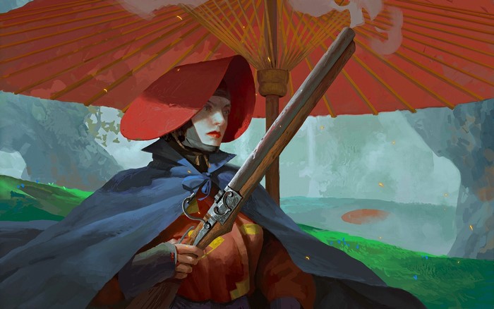 Lady Eboshi from Princess Mononoke with a shotgun