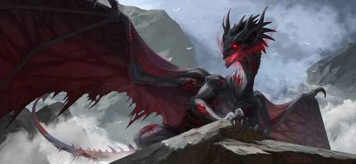 Black dragon with red eyes and wings on a rocky cliff
