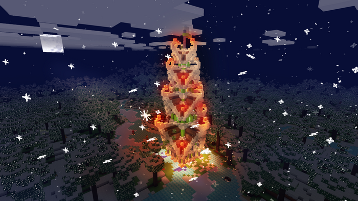 Minecraft tower in a snowy forest at night