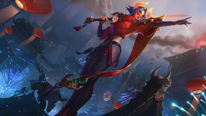 Fiora from League of Legends in a festive setting