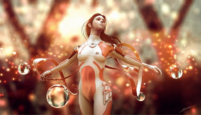 Woman in futuristic suit with glowing orbs