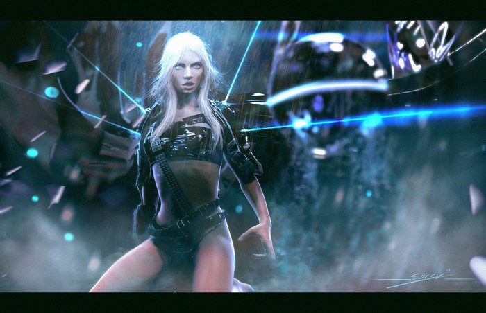 Woman with white hair in futuristic outfit