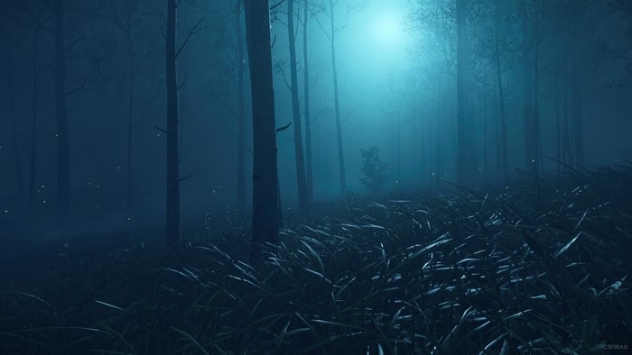 Ghost of Tsushima forest at night with fireflies