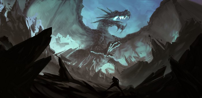 Dragon in a cave with a person