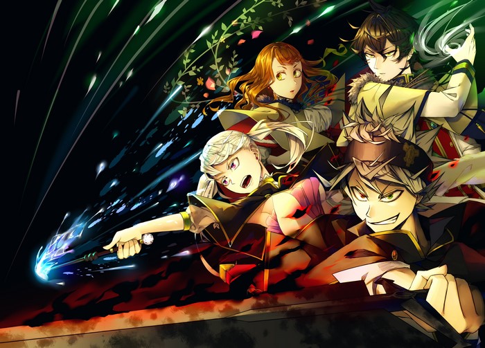 Black Clover characters Asta, Noelle Silva, Mimosa Vermillion, and Yuno